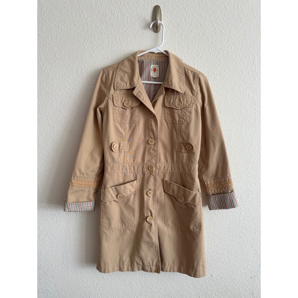 Tulle Anthropologie Tan Khaki 100% Cotton Striped Lined Trench Pea Coat Cute S